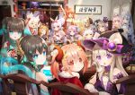  &gt;_&lt; 6+girls animal_ears arm_up bangs blonde_hair blue_eyes bow brown_hair butterfly_hair_ornament closed_eyes double_bun earrings ears_through_headwear hair_bow hair_ornament hairclip hat headband heart heart-shaped_pupils highres holding holding_microphone horn indoors jewelry long_hair looking_at_viewer microphone mimikkoui momona_(mvv) multiple_girls mvv open_mouth pink_hair pointy_ears purple_hair rabbit_ears red_eyes redhead short_hair silver_hair symbol-shaped_pupils violet_eyes white_hair 