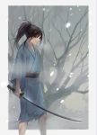  1boy bangs bare_tree black_hair blue_kimono border breath dirty_clothes dirty_face high_ponytail highres holding holding_sword holding_weapon japanese_clothes katana kimono long_hair looking_at_viewer male_focus original outdoors outside_border ponytail sash serious snowing solo standing sword torn_clothes torn_kimono tree watari_yukiko weapon wide_sleeves winter 