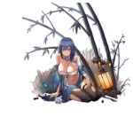  1girl alternate_costume bamboo bangs black_legwear blue_eyes blue_hair breasts closed_mouth damaged dp-12_(girls_frontline) drone full_body gauge girls_frontline grass gun hair_between_eyes lantern large_breasts long_hair looking_at_viewer official_art pandea_work shotgun sidelocks sitting smile solo thigh-highs torn_clothes torn_legwear transparent_background weapon 