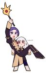  1boy 1girl artist_name blue_legwear carrying do_m_kaeru fire_emblem fire_emblem:_three_houses garreg_mach_monastery_uniform holding holding_staff long_hair long_sleeves lorenz_hellman_gloucester lysithea_von_ordelia open_mouth pink_eyes princess_carry purple_hair short_hair simple_background staff uniform violet_eyes white_background white_hair 