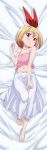  1girl absurdres bangs barefoot bed_sheet blonde_hair blush bow collarbone dakimakura flat_chest from_above full_body groin hair_between_eyes hair_bow hairband highres kokura_hikari long_skirt looking_at_viewer lying midriff mukaigawara_ken navel on_back open_mouth pink_tank_top red_bow red_eyes red_hairband rifle_is_beautiful shiny shiny_hair short_hair skirt solo stomach white_skirt 