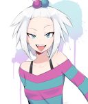  1girl artist_name blue_eyes blue_sweater blush bra_strap breasts collarbone freckles hair_bobbles hair_ornament highres homika_(pokemon) long_sleeves looking_at_viewer milka_(milk4ppl) multicolored_sweater off-shoulder_sweater off_shoulder open_mouth pokemon pokemon_(game) pokemon_bw2 purple_sweater short_hair small_breasts smile solo sweater teeth tongue tongue_out upper_body white_hair 