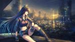  1girl black_hair black_shirt boots breasts building city cityscape clouds cloudy_sky collarbone commentary_request gloves hair_between_eyes highres horns jewelry knee_up long_hair long_sleeves looking_away medium_breasts navel necklace original rain shirt shorts sitting sky skyline sleeves_rolled_up smile solo steampunk sunset tenmaso violet_eyes 