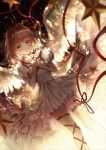  1girl angel_wings antenna_hair bangs black_ribbon blurry_foreground brown_hair cardcaptor_sakura closed_mouth dutch_angle eyebrows_visible_through_hair feathered_wings hair_between_eyes hair_intakes kinomoto_sakura leg_ribbon lium long_hair pleated_skirt red_ribbon ribbon shiny shiny_hair shirt short_sleeves skirt skirt_set smile solo thigh_strap white_shirt white_skirt white_wings wings yellow_eyes 