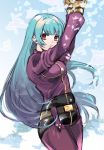  1girl arms_up blue_hair bodysuit comkk99 gloves kula_diamond long_hair red_eyes solo the_king_of_fighters 