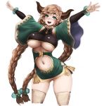  1girl :d barbariank braid breasts brown_hair carmelina_(granblue_fantasy) commentary cowboy_shot detached_sleeves draph english_commentary eyebrows_visible_through_hair granblue_fantasy green_eyes horns large_breasts long_hair looking_at_viewer navel open_mouth pointy_ears simple_background smile solo thigh-highs twin_braids under_boob very_long_hair white_background wide_sleeves 