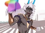  1boy arjuna_alter armlet blue_eyes blurry dark_skin dark_skinned_male depth_of_field fate/grand_order fate_(series) horns long_hair male_focus open_mouth pako parody running saint_quartz seiyuu_connection shimazaki_nobunaga shirtless solo white_hair 