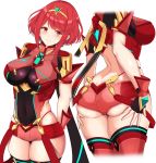  1girl arms_behind_back ass ass_support back backless_outfit bangs bare_back black_gloves breasts closed_mouth covered_navel cowboy_shot cropped_legs earrings eyebrows_visible_through_hair fingerless_gloves gloves highres pyra_(xenoblade) impossible_clothes jewelry large_breasts multiple_views noeomi red_eyes red_legwear red_shorts redhead short_shorts shorts shoulder_armor sidelocks simple_background skindentation smile swept_bangs thigh-highs tiara white_background wrist_guards xenoblade_(series) xenoblade_2 