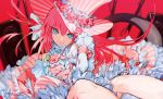  1girl arm_warmers bare_legs blue_eyes closed_mouth dress earrings elizabeth_bathory_(fate) elizabeth_bathory_(fate)_(all) fate/grand_order fate_(series) flower frills fumiko_(throughx2) hat hat_flower jewelry long_hair looking_at_viewer pink_background pink_dress pink_flower pink_hair pink_rose pink_theme rose signature smile solo striped tail top_hat vertical-striped_dress vertical-striped_hat vertical_stripes white_sleeves 
