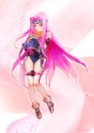  1girl artist_name blush bodysuit boots fate/grand_order fate_(series) flower forehead_protector gauntlets head_wreath holding long_hair medusa_(lancer)_(fate) pink_background purple_hair rider shoulder_pads smile square_pupils taa_(acid) thigh-highs very_long_hair violet_eyes 
