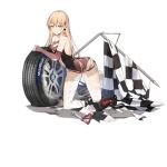  1girl alternate_costume bangs black_footwear black_legwear blonde_hair blush boots breasts center_opening checkered checkered_flag clothes_writing cross cross_earrings damaged dress earrings elbow_gloves eyebrows_visible_through_hair fingerless_gloves flag frown full_body girls_frontline gloves hair_between_eyes hair_ornament jewelry kneeling light_brown_hair long_hair looking_at_viewer multiple_piercings official_art ppk_(girls_frontline) racequeen see-through short_dress sidelocks sleeveless sleeveless_dress smile smile_(mm-l) solo thigh-highs torn_clothes transparent_background wet wheel 