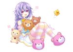  1girl bare_shoulders binato_lulu blush blush_stickers bow braid hair_between_eyes hair_bow kami_jigen_game_neptune_v lavender_hair long_sleeves looking_at_viewer neptune_(series) open_mouth pink_eyes pururut sitting slippers smile solo striped striped_legwear stuffed_animal stuffed_toy teddy_bear thigh-highs wide_sleeves 