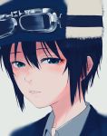  1girl androgynous bangs black_hair blue_eyes blurry blush eyelashes fur_hat goggles goggles_on_headwear grey_background hair_between_eyes hat kino kino_no_tabi lips parted_lips short_hair simple_background solo tomboy turbo_engine_(rakugaki_tabo) 