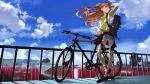  1girl absurdres bag bicycle black_bag blue_eyes blue_shorts blue_sky closed_mouth clothes_around_waist clouds day denim denim_shorts floating_hair full_body ground_vehicle hair_between_eyes hair_ornament hand_in_hair highres holding holding_bag jewelry long_hair necklace neon_genesis_evangelion orange_hair outdoors shirt shoes short_shorts short_sleeves shorts sky smile sneakers solo souryuu_asuka_langley standing torn_clothes torn_shorts twintails very_long_hair yellow_shirt 