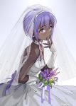  1girl absurdres al_mican bare_shoulders blush bouquet breasts bridal_veil collar dark_skin dress fate/prototype fate/prototype:_fragments_of_blue_and_silver fate_(series) flower hair_between_eyes hassan_of_serenity_(fate) highres looking_at_viewer parted_lips purple_hair short_hair solo veil violet_eyes wedding_dress 