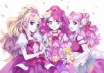  3girls back_bow blonde_hair blue_eyes bow choker closed_mouth collarbone cowboy_shot cure_flora cure_grace cure_yell double_bun dress earrings flower flower_earrings flower_necklace gloves go!_princess_precure hair_bun hair_flower hair_ornament hair_ribbon hanadera_nodoka haruno_haruka healin&#039;_good_precure heart heart_hair_ornament holding holding_flower hu_(huhuluhu) hugtto!_precure jewelry layered_skirt lily_(flower) long_hair looking_at_viewer magical_girl midriff multicolored_hair multiple_girls navel necklace nono_hana open_mouth petals pink_bow pink_dress pink_eyes pink_hair pink_neckwear pink_skirt pink_theme precure puffy_sleeves red_flower red_ribbon red_rose ribbon rose simple_background skirt smile streaked_hair trait_connection two-tone_hair waist_bow wavy_hair white_background white_bow white_gloves wrist_cuffs 