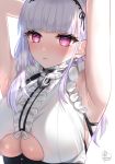  1girl :s anchor armpits arms_behind_head arms_up azur_lane bangs black_hairband blunt_bangs blush breasts center_frills closed_mouth dido_(azur_lane) earrings eyebrows_visible_through_hair frilled_shirt frills hairband jewelry kohanayuki large_breasts long_hair pink_eyes shirt signature silver_hair simple_background skindentation sleeveless sleeveless_shirt solo under_boob underboob_cutout upper_body white_background white_shirt 