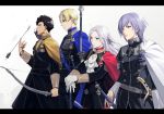  1girl 3boys arrow belt blonde_hair blue_cape bow_(weapon) brown_hair cape claude_von_riegan closed_mouth dark_skin dark_skinned_male dimitri_alexandre_blaiddyd earrings edelgard_von_hresvelg fire_emblem fire_emblem:_three_houses from_side garreg_mach_monastery_uniform gloves gunjo_fe hair_ribbon holding holding_arrow holding_bow_(weapon) holding_weapon jewelry long_hair long_sleeves multiple_boys polearm purple_hair red_cape ribbon short_hair simple_background uniform violet_eyes weapon white_background white_cape white_gloves white_hair yellow_cape yuri_(fire_emblem) 