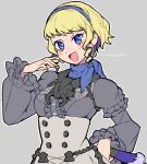  1girl artist_name blonde_hair blue_eyes blue_hairband constance_(fire_emblem) do_m_kaeru earrings fan fire_emblem fire_emblem:_three_houses garreg_mach_monastery_uniform grey_background hairband holding jewelry long_sleeves multicolored_hair open_mouth purple_hair short_hair simple_background solo uniform 