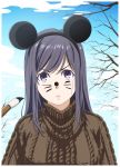  1girl absurdres animal_ears black_hair brush choujo_(kakitama) clouds commentary_request facepaint fake_animal_ears frown highres kakitama long_hair looking_at_viewer mole mole_under_eye mouse_ears original pout sky solo sweater tree violet_eyes whisker_markings 