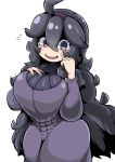  1girl @_@ alternate_breast_size bangs black_dress blank_eyes blush breasts curvy dress hairband hex_maniac_(pokemon) highres large_breasts long_dress long_hair messy_hair open_mouth pokemon ribbed_sweater simple_background smile sweat sweater tazonotanbo white_background 