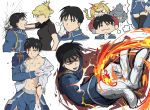  alphonse_elric amestris_military_uniform anger_vein armor biting black_hair black_legwear blonde_hair blood blood_on_face character_sheet cheek_pull cracked_wall edward_elric fire fullmetal_alchemist gloves highres injury kabedon military military_uniform miniskirt riza_hawkeye roy_mustang skirt thigh-highs thought_bubble torn_clothes uniform uuruung white_gloves zettai_ryouiki 