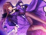  1girl absurdres bangs black_ribbon blbc2 breasts breasts_apart brown_hair brown_legwear covered_navel covered_nipples dress eyebrows_visible_through_hair fate/grand_order fate_(series) floating_hair gradient_hair hair_between_eyes hair_intakes hair_ribbon highres leg_lift long_dress long_hair long_sleeves medium_breasts multicolored_hair off-shoulder_dress off_shoulder pantyhose parted_lips purple_dress purple_hair red_eyes ribbon scathach_(fate)_(all) scathach_(fate/grand_order) shiny shiny_hair skirt_hold solo v-shaped_eyebrows very_long_hair 