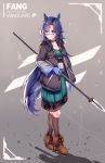  1girl alternate_costume animal_ears arknights black_legwear blue_eyes blue_gloves blue_hair boots casual character_name choker commentary dress fang_(arknights) full_body glasses gloves green_dress greypidjun highres jacket kneehighs long_hair long_sleeves looking_at_viewer polearm smile solo spear standing very_long_hair weapon 