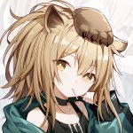  1girl animal_ears arknights bare_shoulders black_shirt brown_eyes brown_hair choker green_jacket jacket kurisu_tina lion_ears lion_paw long_hair looking_at_viewer mouth_hold off_shoulder portrait shirt siege_(arknights) solo tank_top zoom_layer 