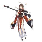  1girl bangs belt belt_buckle brown_hair buckle damaged dirty dirty_face dress feathers full_body girls_frontline gun hao_(patinnko) holding holding_gun holding_weapon hurt japanese_clothes kimono long_hair long_sleeves looking_at_viewer official_art open_mouth red_eyes rifle scope sidelocks sniper_rifle socks solo standing torn_clothes torn_dress transparent_background weapon white_legwear wide_sleeves zvi_falcon_(girls_frontline) 