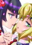  1000 2girls akatsuki_kirika black_hair blonde_hair blush green_eyes hair_ornament hairclip holding_hands imminent_kiss looking_at_another looking_away multiple_girls necktie open_mouth red_eyes red_neckwear senki_zesshou_symphogear shiny shiny_hair simple_background tongue tsukuyomi_shirabe wavy_mouth white_background yuri 