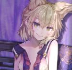  1girl bangs bare_shoulders blonde_hair blush breasts brown_eyes chest_tattoo commentary_request eyebrows_visible_through_hair hair_between_eyes head_tilt looking_at_viewer medium_breasts pillow pointy_hair shadow short_hair sleeveless smile solo syuri22 tattoo touhou toyosatomimi_no_miko upper_body 