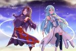  2girls :d asuna_(sao-alo) bangs blue_eyes blue_hair blue_legwear braid breastplate cape closed_mouth covered_navel crown_braid detached_sleeves eyebrows_visible_through_hair fingerless_gloves floating_hair gloves hair_between_eyes hair_intakes headband holding holding_wand leotard long_hair long_sleeves looking_at_viewer miniskirt multiple_girls open_mouth outdoors outstretched_arms outstretched_hand pleated_skirt pointy_ears purple_cape purple_gloves purple_hair purple_legwear purple_leotard purple_sleeves red_eyes red_headband shiny shiny_hair skirt smile sword_art_online thigh-highs very_long_hair waist_cape wand white_skirt white_sleeves yoruciel yuuki_(sao) zettai_ryouiki 