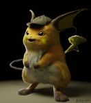  3d black_background brown_eyes commentary creature detective_pikachu detective_pikachu_(movie) english_commentary full_body gen_1_pokemon hat highres mcgmark no_humans open_mouth pokemon pokemon_(creature) raichu realistic shadow simple_background smile solo standing 