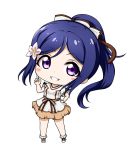  1girl bangs blue_hair blush boots bow breasts brown_bow brown_skirt chibi eyebrows_visible_through_hair flower full_body grin hair_bow hair_flower hair_ornament hand_on_hip hand_up index_finger_raised kuena long_hair looking_at_viewer love_live! love_live!_sunshine!! matsuura_kanan parted_bangs pink_flower ponytail shirt short_sleeves sidelocks simple_background skirt small_breasts smile solo standing striped striped_bow very_long_hair violet_eyes white_background white_bow white_footwear white_shirt 