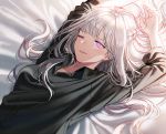  1girl ;) ak-12_(girls_frontline) arms_up bangs black_shirt blush braid breasts french_braid girls_frontline long_hair looking_at_viewer lying medium_breasts on_back one_eye_closed parted_lips shirt sidelocks silence_girl silver_hair smile solo violet_eyes 