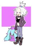  alternate_costume blush boots forehead freckles hair_bobbles hair_ornament homika_(pokemon) inkerton-kun mareanie pokemon pokemon_(game) pokemon_bw2 tongue tongue_out white_hair 