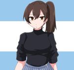  1girl alternate_costume black_sweater blue_skirt breasts brown_eyes brown_hair highres k_teitoku kaga_(kantai_collection) kantai_collection large_breasts long_hair looking_at_viewer pleated_skirt side_ponytail skirt solo sweater turtleneck turtleneck_sweater upper_body 
