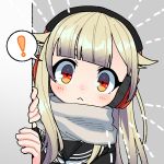  ! 1girl alternate_costume black_ribbon black_serafuku blonde_hair commentary_request dyson_(edaokunnsaikouya) grey_background hair_flaps hair_ribbon headphones kantai_collection long_hair peeking_out red_eyes remodel_(kantai_collection) ribbon scarf school_uniform serafuku short_eyebrows simple_background solo spoken_exclamation_mark white_scarf yuudachi_(kantai_collection) 