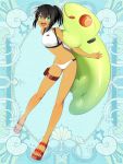  1girl :d black_hair blue_background breasts dark_skin full_body green_eyes inflatable_toy kerberos_blade l_(matador) looking_at_viewer medium_hair midriff navel open_mouth red_footwear sandals simple_background small_breasts smile solo standing thigh_pouch 