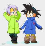  2boys arms_at_sides arms_behind_head black_eyes black_footwear black_gloves black_hair blue_coat blue_eyes blush boots brown_footwear clothes_writing coat collar_up collared_coat dot_nose dragon_ball dragon_ball_super_broly dragon_ball_z earmuffs full_body gloves green_coat grey_background hairband kalno looking_at_another looking_to_the_side male_focus multiple_boys open_mouth purple_hair shadow shiny shiny_hair signature simple_background smiley_face son_goten spiky_hair standing talking teeth trunks_(dragon_ball) twitter_username upper_teeth winter_clothes winter_coat yellow_hairband 
