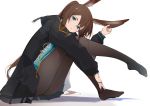  1girl amiya_(arknights) animal_ears arknights bangs black_jacket blue_eyes blush brown_hair closed_mouth full_body hair_between_eyes head_tilt highres holding_ears jacket jewelry long_hair long_sleeves looking_at_viewer multiple_rings no_shoes open_clothes open_jacket pantyhose rabbit_ears ring rrr_ato sidelocks sitting skirt solo thumb_ring very_long_hair 