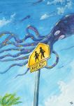  acrylic_paint_(medium) animal blue_sky clouds cloudy_sky commentary_request day english_text fantasy flying golden_boden octopus original sign signature sky traditional_media 
