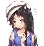  1girl akiyama_mio animal_ears bangs bare_shoulders black_hair blush breasts cat_ears collarbone commentary eyebrows_visible_through_hair fang hat k-on! kaptivate large_breasts long_hair looking_down open_mouth simple_background white_background white_headwear 