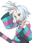  biting blush emapippi freckles guitar hair_ornament highres homika_(pokemon) instrument pokemon pokemon_(game) pokemon_bw2 smile striped white_hair 