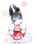  1girl bangs black_sclera chinese_new_year diddms1999 full_body fur heart insect_girl insect_wings japanese_clothes kimono monster_girl moth_(diddms1999) moth_ears moth_girl moth_wings obi original sash short_eyebrows short_hair solo white_eyes wings 