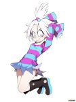  absurdres boots freckles hair_ornament highres homika_(pokemon) jumping once_11h pokemon pokemon_(game) pokemon_bw2 striped white_hair 