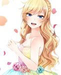  1girl bare_shoulders blonde_hair blue_eyes blush dress flower highres idolmaster idolmaster_cinderella_girls long_hair ootsuki_yui open_mouth petals solo strapless teeth wakatsuki_you 