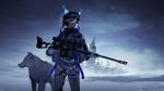  1boy absurdres animal_ears blue_eyes camouflage camouflage_jacket fake_animal_ears gloves goggles goggles_on_head gun hat headset highres male_focus original rifle sniper_rifle sniper_scope snow solo strap weapon white_gloves white_hair wolf ygerian 