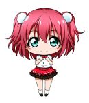  1girl bangs black_footwear blush bow bowtie chibi closed_mouth eyebrows_visible_through_hair full_body green_eyes hair_between_eyes hair_ornament kuena kurosawa_ruby layered_skirt loafers long_hair love_live! love_live!_sunshine!! pleated_skirt red_neckwear red_skirt redhead shirt shoes short_sleeves simple_background skirt smile socks solo standing two_side_up white_background white_legwear white_shirt 
